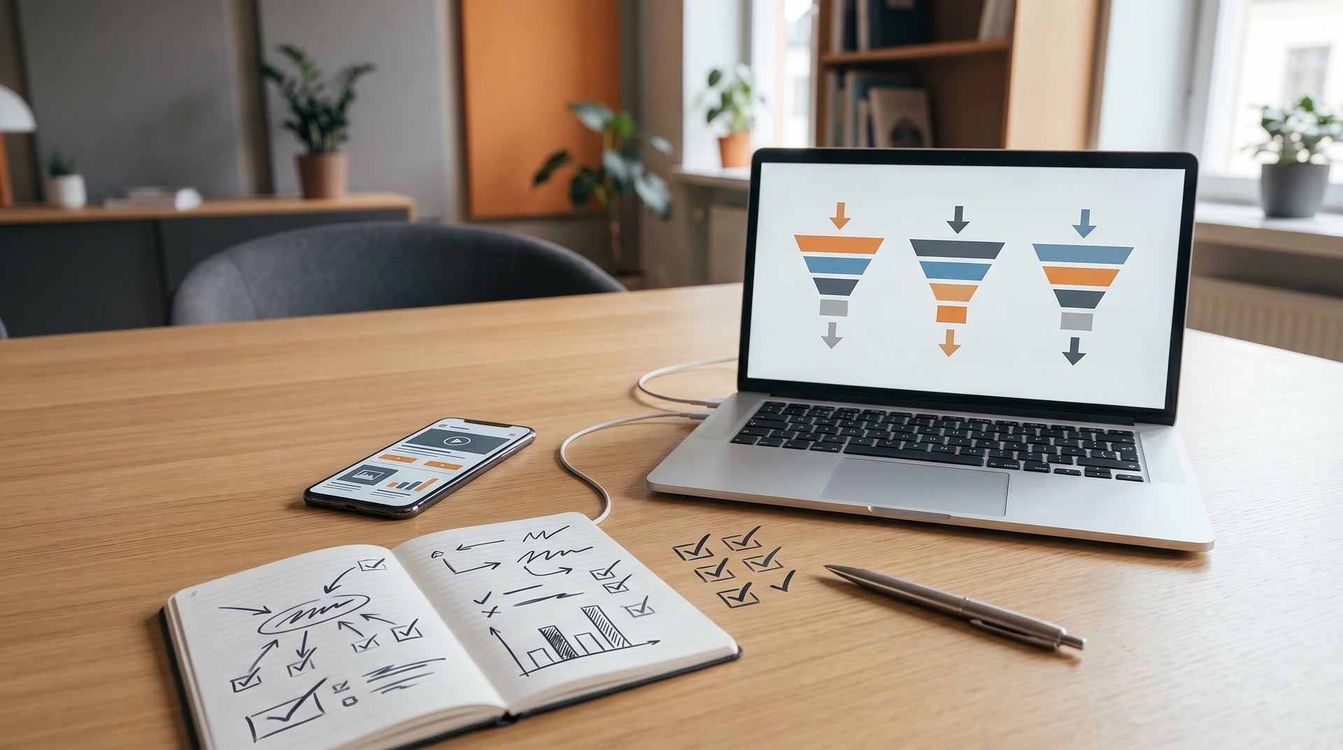 Laptop visar tre tratt-diagram på skärmen vid arbetsbord med anteckningsbok och telefon.