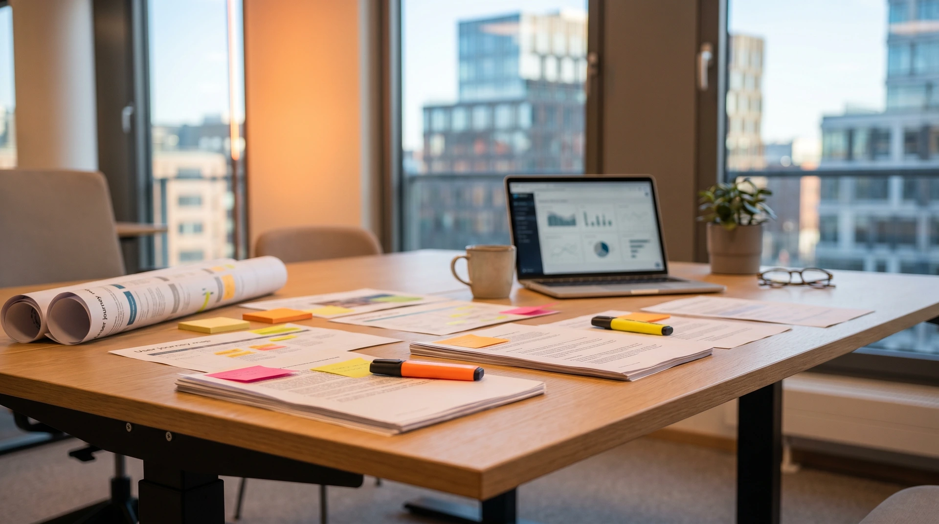 Kontorsbord med laptop, dokument, färgglada post-it-lappar och pennor vid fönster