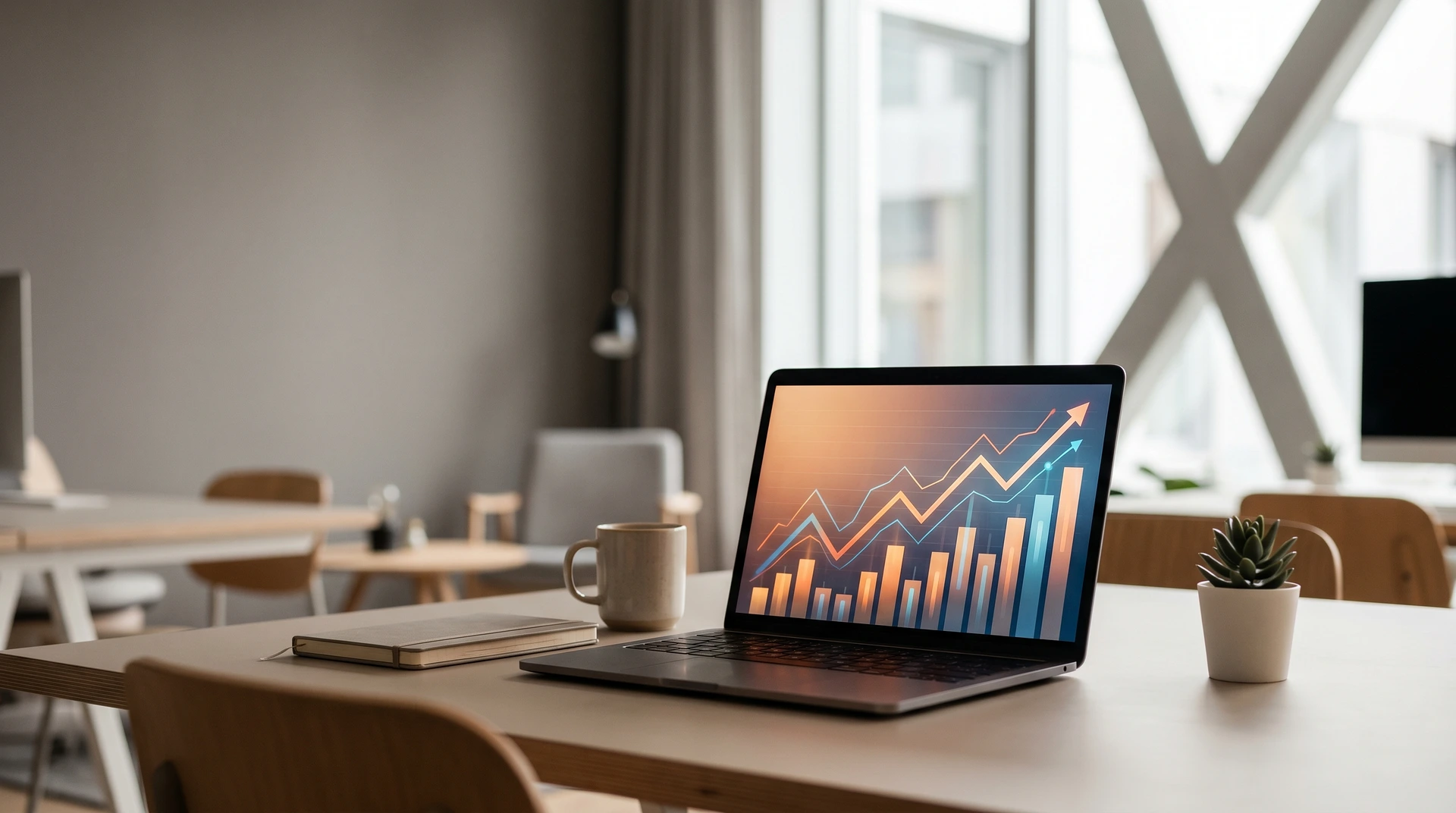Laptop på skrivbord visar finansiella diagram och stapeldiagram med uppåtgående trender.