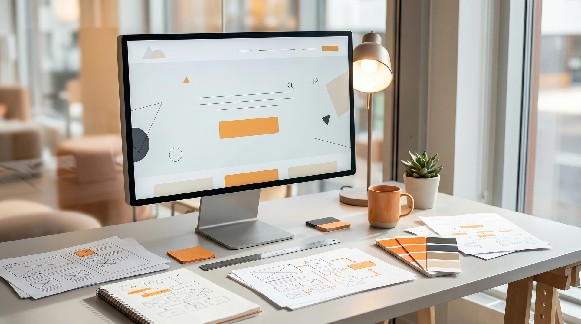 Skrivbord med datorskärm, skisser, färgprover och designmaterial vid fönster.