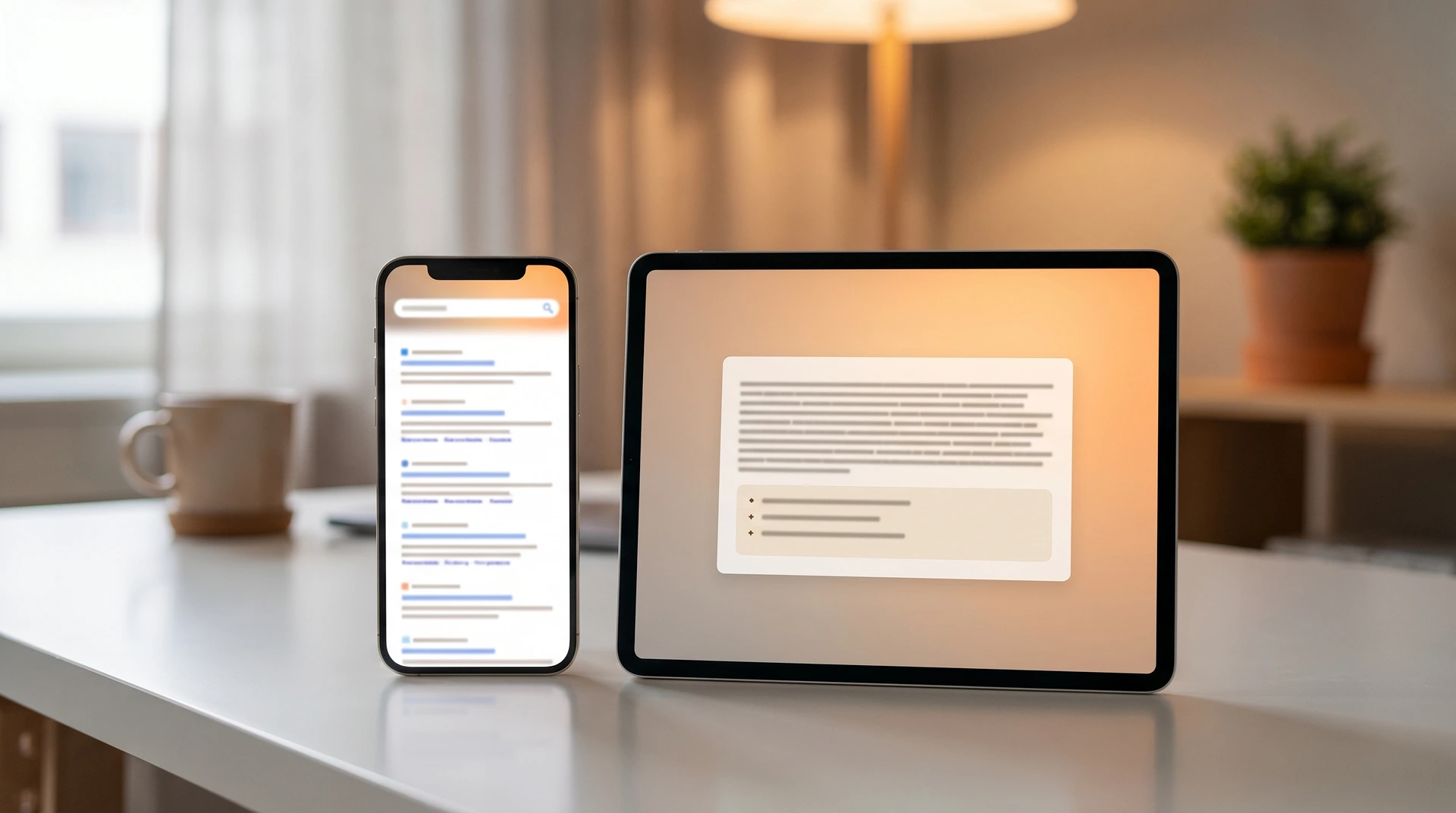 Smartphone och surfplatta visar webbinnehåll på ett vitt skrivbord.