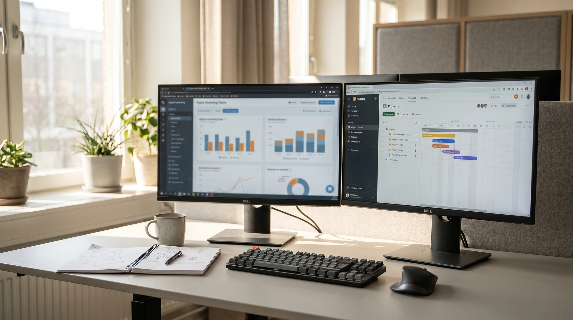 Två datorskärmar på skrivbord visar projekthantering och dataanalys.