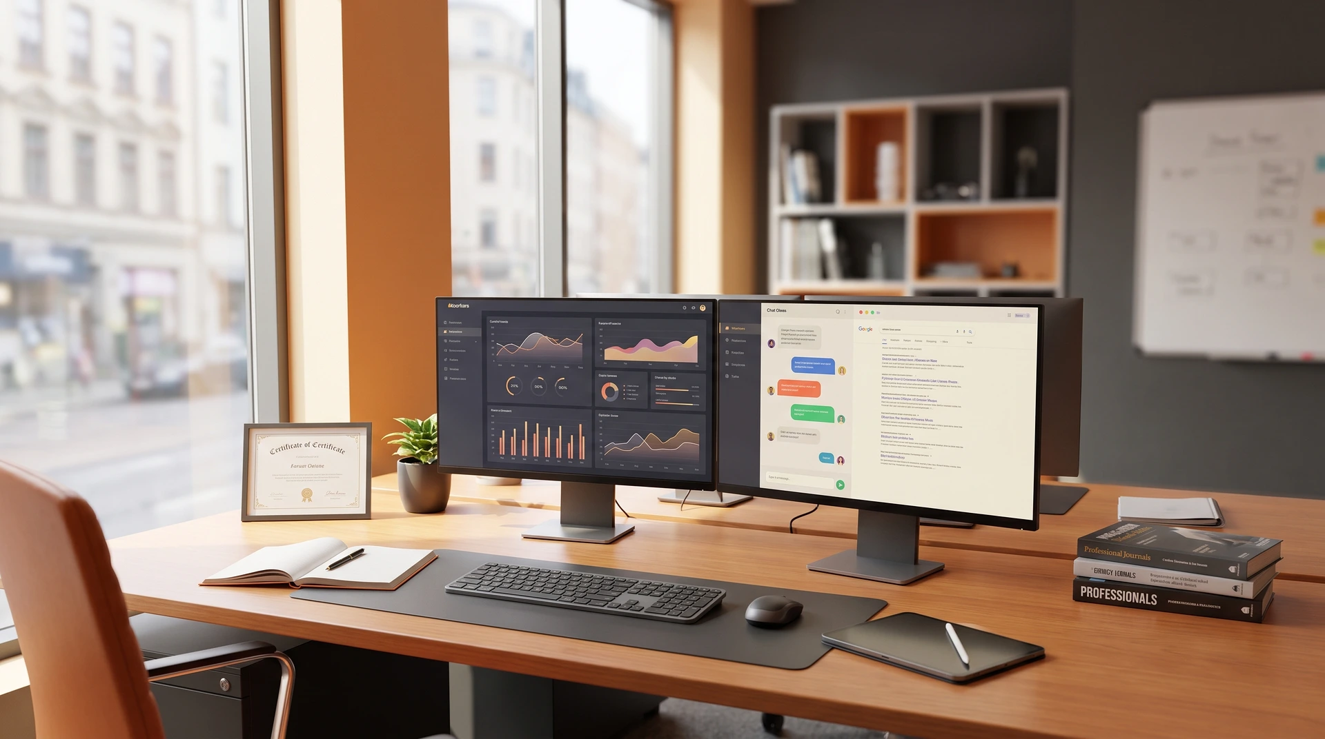 Två datorskärmar på skrivbord visar diagram och uppgiftshantering.