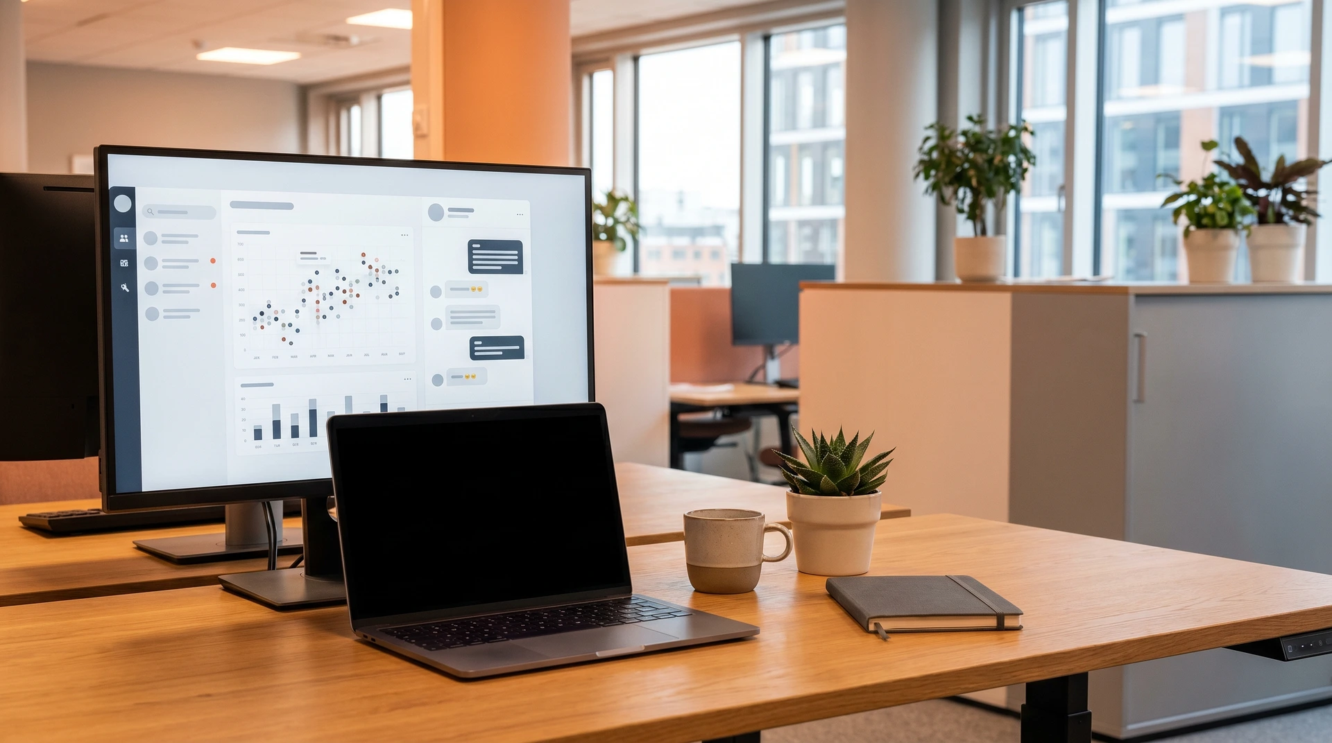 Skrivbord med laptop, extern skärm, krukväxt och kaffekopp i modernt kontor.