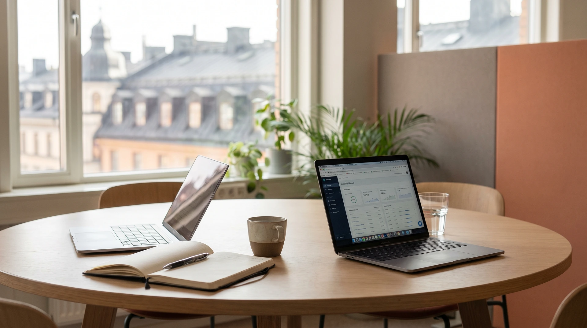 Två bärbara datorer och anteckningsbok på runt bord vid fönster med stadsutsikt.