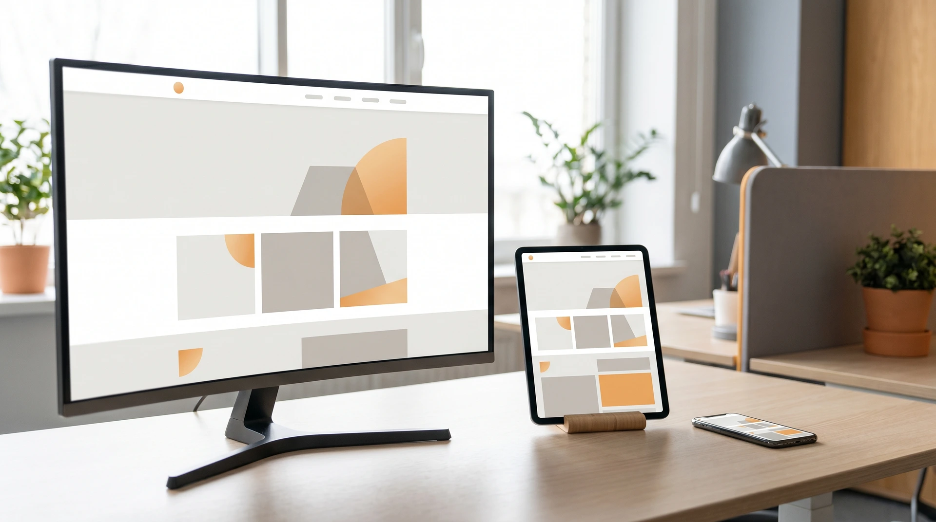 Skrivbord med datorskärm, surfplatta och telefon som visar responsiv webbdesign