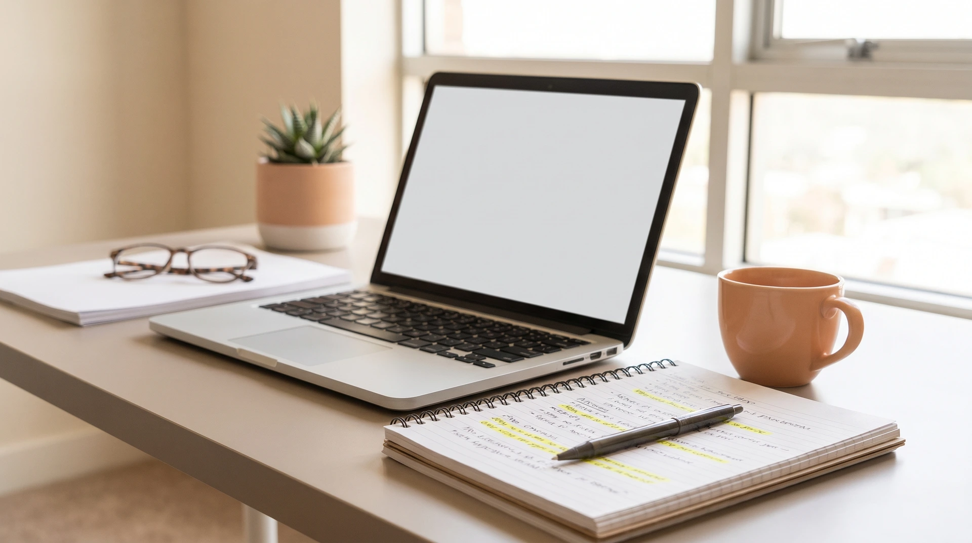 Laptop med tom skärm på skrivbord med anteckningsbok och kaffekopp