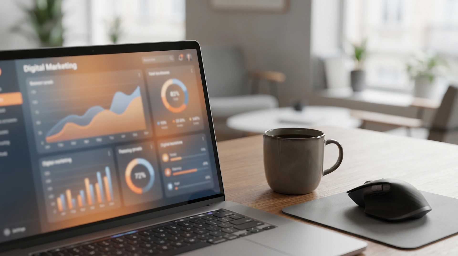 Laptop med marknadsföringsdiagram och grafer på skärmen bredvid kaffekopp och datormus.